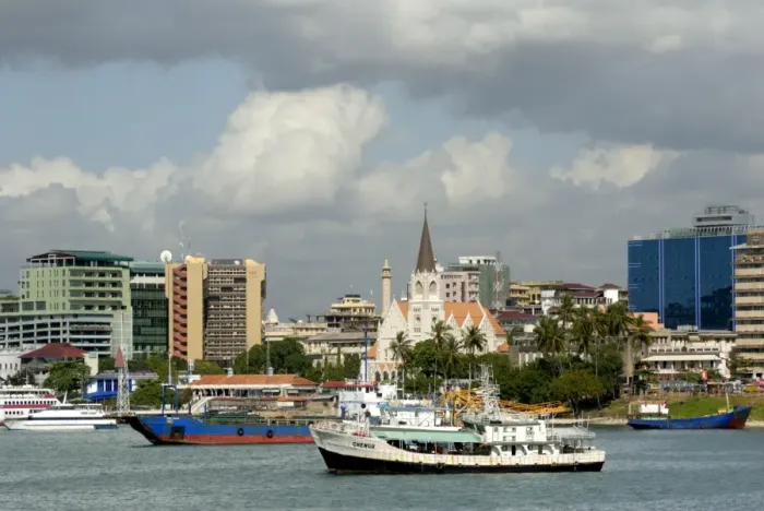 Framed Print : Harbour and city centre skyline, Dar es Salaam, Tanzania, East Africa, Africa