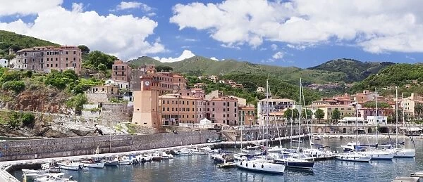 Harbour, clock tower, Rio Marina, Island of Elba, Livorno Province, Tuscany, Italy