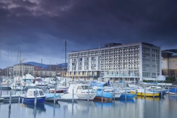 Framed Print : Harbour at dusk, Neuchatel, Switzerland, Europe Framed Print : Harbour at dusk, Neuchatel, Switzerland, Europe