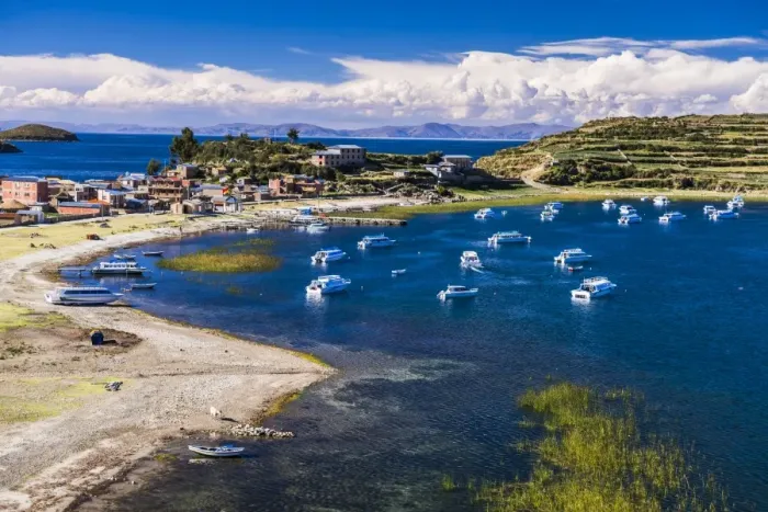 Framed Print : Harbour on Lake Titicaca at Challapampa village on Isla del Sol (Island of the Sun) Framed Print : Harbour on Lake Titicaca at Challapampa village on Isla del Sol (Island of the Sun)