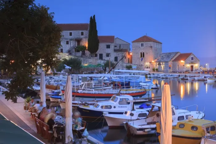 Framed Print : Harbour lit up at dusk, Bol, Brac Island, Dalmatian Coast, Croatia, Europe Framed Print : Harbour lit up at dusk, Bol, Brac Island, Dalmatian Coast, Croatia, Europe