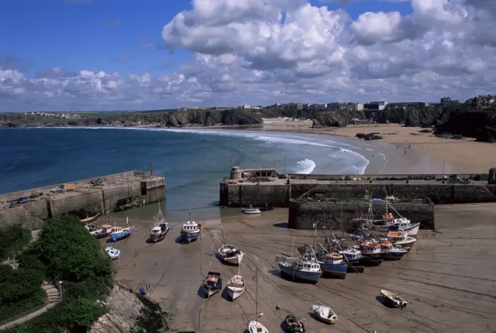 Framed Print : Harbour at low tide with town beach beyond, Newquay, Cornwall, England Framed Print : Harbour at low tide with town beach beyond, Newquay, Cornwall, England
