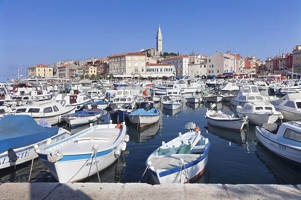 Harbour and the old town with the cathedral of St. Euphemia, Rovinj, Istria, Croatia, Adriatic, Europe
