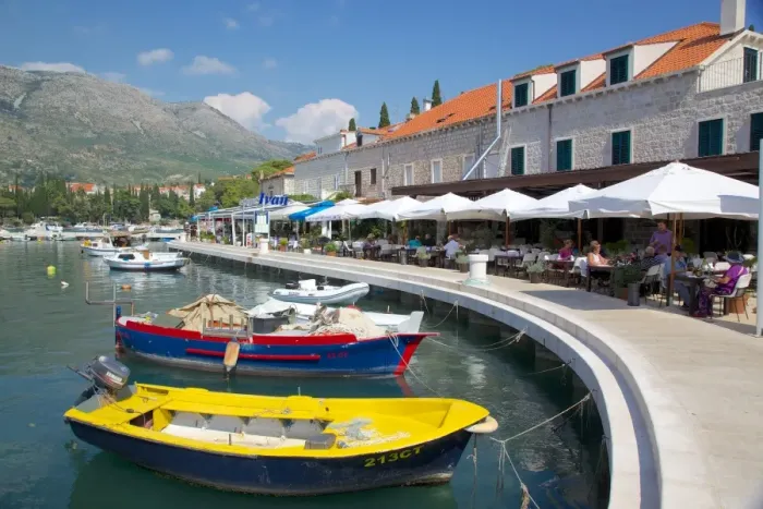 Framed Print : Harbour restaurants, Cavtat, Dubrovnik Riviera, Dalmatian Coast, Dalmatia, Croatia, Europe Framed Print : Harbour restaurants, Cavtat, Dubrovnik Riviera, Dalmatian Coast, Dalmatia, Croatia, Europe