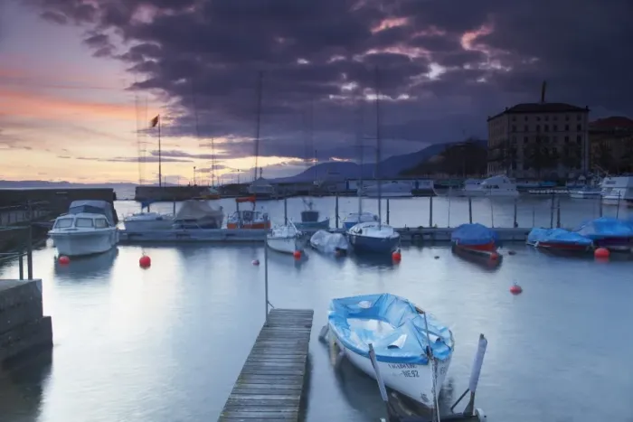 Framed Print : Harbour at sunset, Neuchatel, Switzerland, Europe Framed Print : Harbour at sunset, Neuchatel, Switzerland, Europe