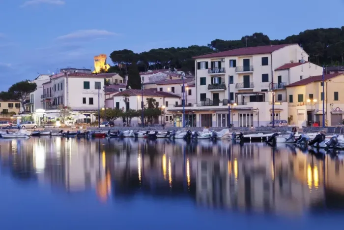 Framed Print : Harbour with Torre della Marina, Marina di Campo, Island of Elba, Livorno Province