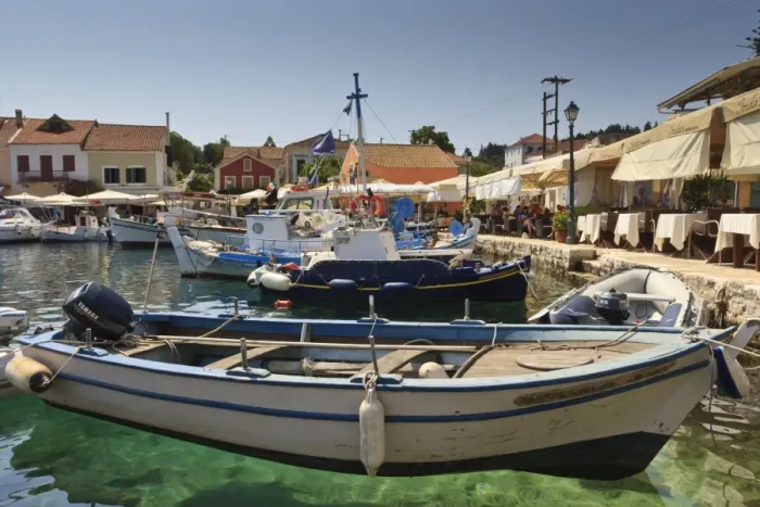 Framed Print : Harbourside with boats, cafes and clear green water, Fiskardo, Kefalonia (Cephalonia), Ionian Islands, Greece Framed Print : Harbourside with boats, cafes and clear green water, Fiskardo, Kefalonia (Cephalonia), Ionian Islands, Greece