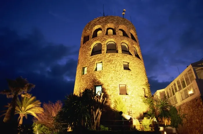 Framed Print : Harbourside watchtower illuminated at night, Puerto Banus, Marbella, Andalucia Framed Print : Harbourside watchtower illuminated at night, Puerto Banus, Marbella, Andalucia
