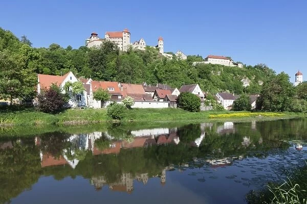 Harburg Castle reflecting in Wornitz River, Harburg, Romantic Road, Bavarian Swabia, Bavaria, Germany, Europe