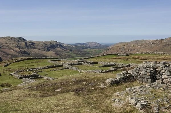Hardknott Roman Fort interior looking west along the Eskdale Valley to the Solway Firth, South Lakes, Lake District National Park, Cumbria, England, United Kingdom, Europe