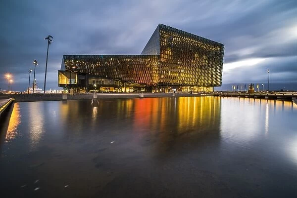 Harpa Concert Hall and Conference Centre at night, Reykjavik, Iceland, Polar Regions