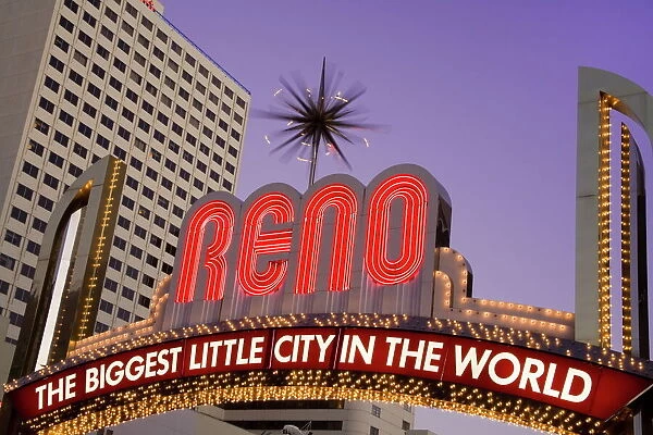 Harrahs Casino and the neon Reno Arch on Virginia Street, Reno, Nevada