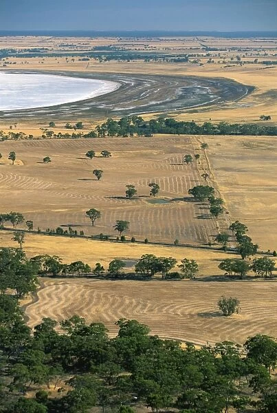 Harvested fields and the salt pan of Mitre Lake near Mount Arapiles on the Wimmera