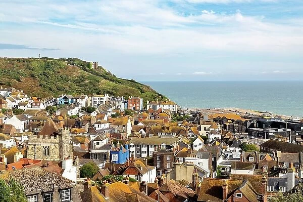 Hastings historic Old Town with the East Hill Cliff Lift station in the background, Hastings, East Sussex, England, United Kingdom, Europe
