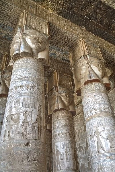 Hathor-headed columns, Hypostyle Hall, Temple of Hathor, Dendera, Egypt, North Africa