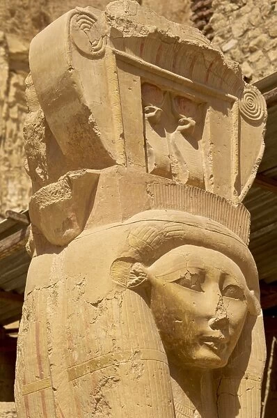 Detail of Hathors face forming the capitals on the square pillars in the Chapel of Hathor
