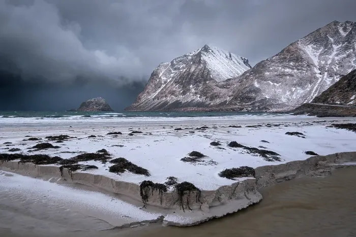 Framed Print : Hauklandstranda Beach and the headland island of Taa in winter, Vestvagoya Island, Lofoten Islands, Norway, Scandinavia, Europe Framed Print : Hauklandstranda Beach and the headland island of Taa in winter, Vestvagoya Island, Lofoten Islands, Norway, Scandinavia, Europe