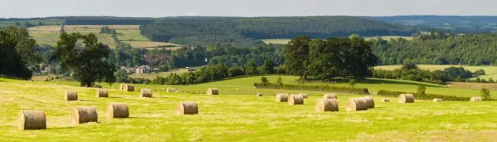 Framed Print : Hay bale landscape in Northumberland National Park, near Hexham, Northumberland, England, United Kingdom, Europe