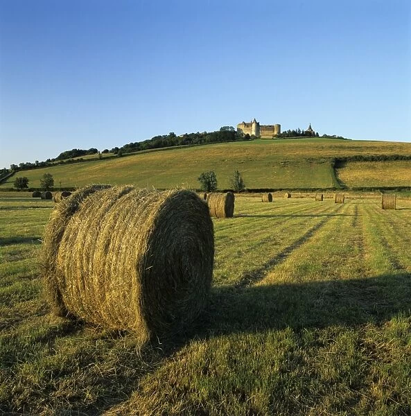 Hay bales below the Chateau, Chateauneuf, Burgundy, France, Europe