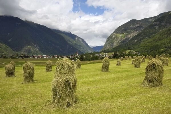 Haystacks, near Umhausen, Otztal valley, Tyrol, Austria, Europe