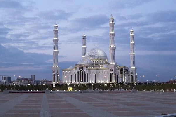 Hazrat Sultan Mosque, the largest in Central Asia, at dusk, Astana, Kazakhstan, Central