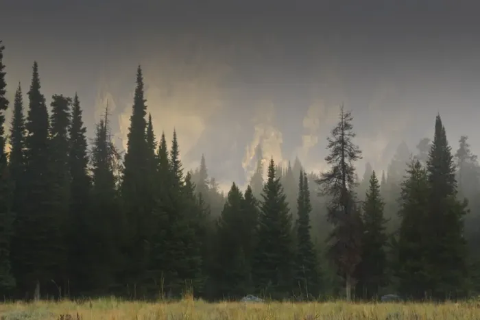 Framed Print : Hazy Teton Range and pine trees near Phelps Lake, Grand Teton National Park, Wyoming, United States of America, North America Framed Print : Hazy Teton Range and pine trees near Phelps Lake, Grand Teton National Park, Wyoming, United States of America, North America