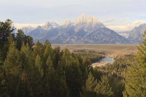 Hazy Teton Range from Snake River Overlook in autumn (fall), Grand Teton National Park, Wyoming, United States of America, North America