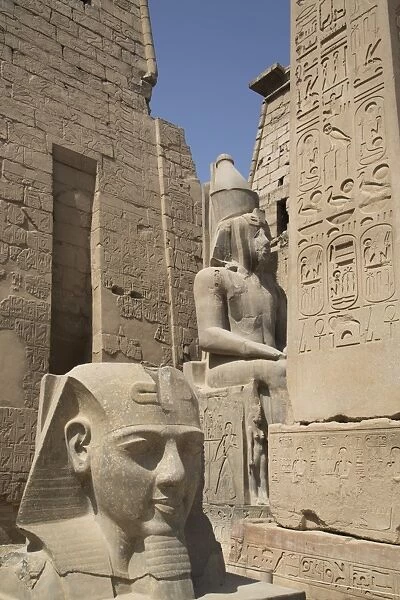 Head of Ramses II in foreground and Colosssus of Ramses II behind, Luxor Temple, Luxor