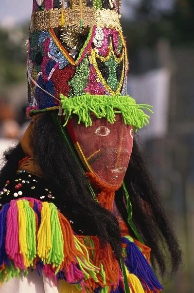 Head and shoulders portrait of a person wearing mask headdress and brightly coloured costume