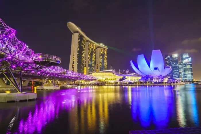 Framed Print : Helix Bridge, Marina Bay Sands and ArtScience Museum illuminated at night, Marina Bay Framed Print : Helix Bridge, Marina Bay Sands and ArtScience Museum illuminated at night, Marina Bay