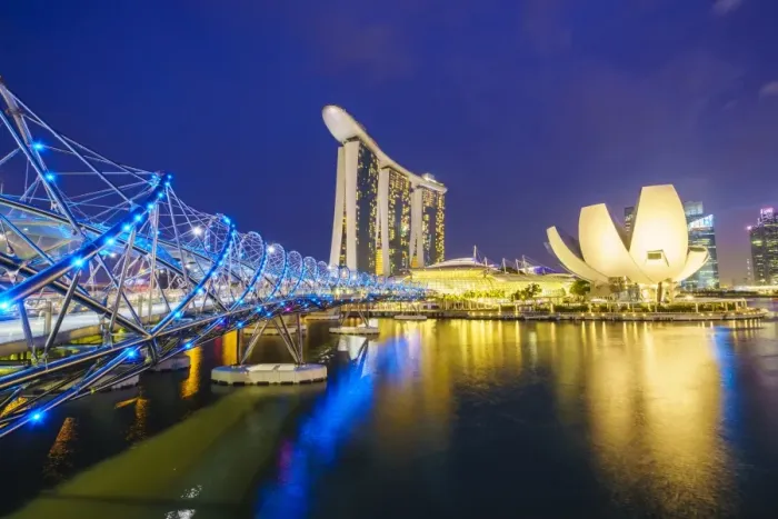 Framed Print : Helix Bridge, Marina Bay Sands and ArtScience Museum illuminated at night, Marina Bay Framed Print : Helix Bridge, Marina Bay Sands and ArtScience Museum illuminated at night, Marina Bay