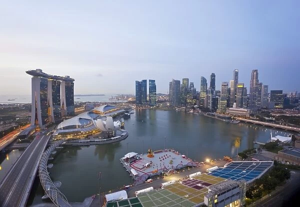 The Helix Bridge and Marina Bay Sands, elevated view over Singapore, Marina Bay, Singapore, Southeast Asia, Asia