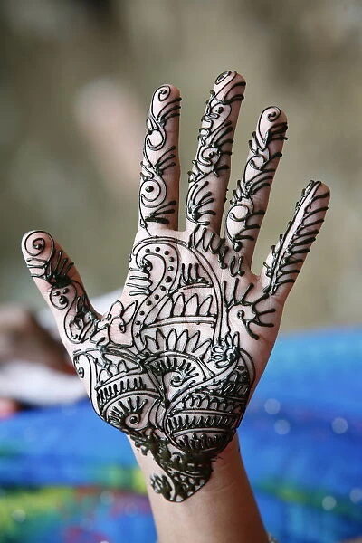 Henna tattoo on womans hands, Dakshin Kali, Nepal, Asia