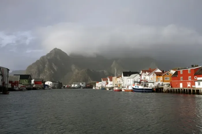 Framed Print : Henningsvaer and mountains after rain, Lofoten Islands, Norway, Scandinavia, Europe