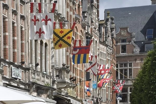Heraldic banners decorate the Flemish gables in Leuven, Belgium, Europe