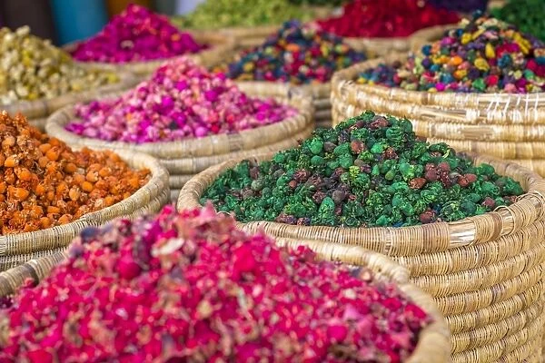 Herbs for sale in a stall in the Place Djemaa el Fna in the medina of Marrakech, Morocco