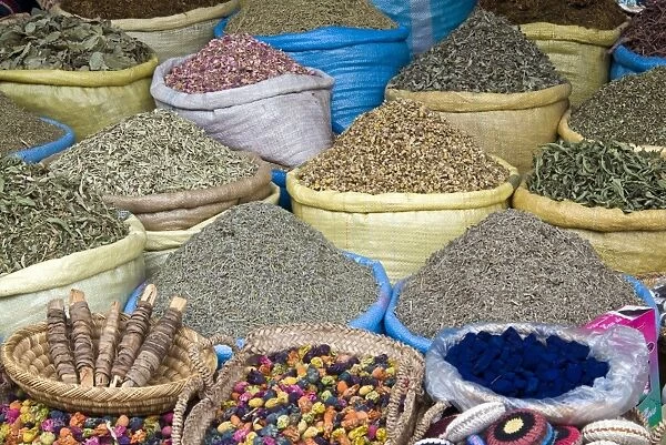 Herbs and spices for sale in the souk, Marrakech (Marrakesh), Morocco, North Africa