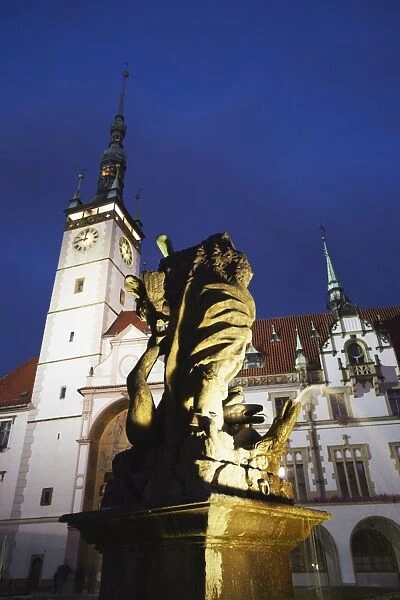 Hercules Fountain in front of Town Hall in Upper Square (Horni Namesti) at dusk