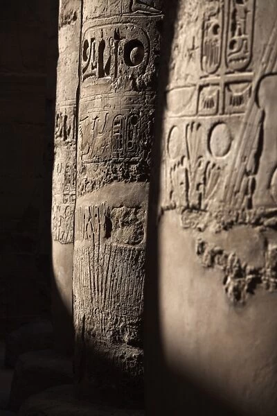 Hieroglyphics adorn the pillars within the Temples of Karnak, Thebes, UNESCO World Heritage Site