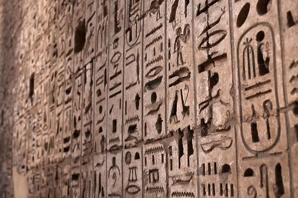 Hieroglyphics adorn the walls of Medinet Habu temple complex, Thebes, UNESCO World Heritage Site