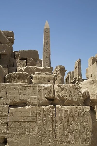 Hierogyliphics in foreground, Obelisk of Tuthmosis in the background, Karnak Temple