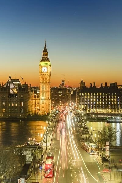 High angle view of Big Ben, the Palace of Westminster and Westminster Bridge at dusk