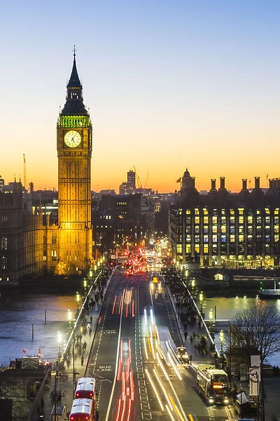 High angle view of Big Ben, the Palace of Westminster and Westminster Bridge at dusk