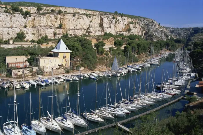 Framed Print : High angle view over boats moored in harbour, Port Miou, Calanques de Cassis Framed Print : High angle view over boats moored in harbour, Port Miou, Calanques de Cassis