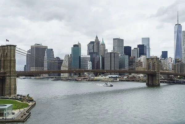 High angle view of Brooklyn Bridge and Lower Manhattan skyline, New York City, New York, United States of America, North America