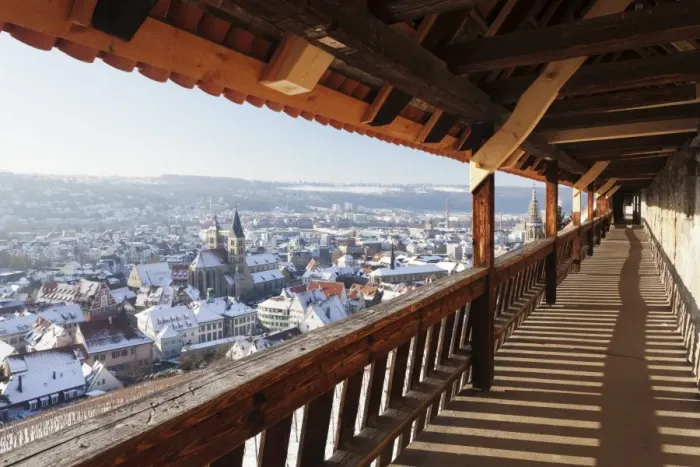 Framed Print : High angle view from the castle of the old town of Esslingen in winter, Baden Wurttemberg, Germany, Europe