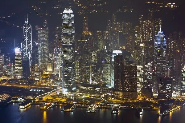High angle view of Central, the main financial district, at night, Hong Kong Island, Hong Kong, China, Asia