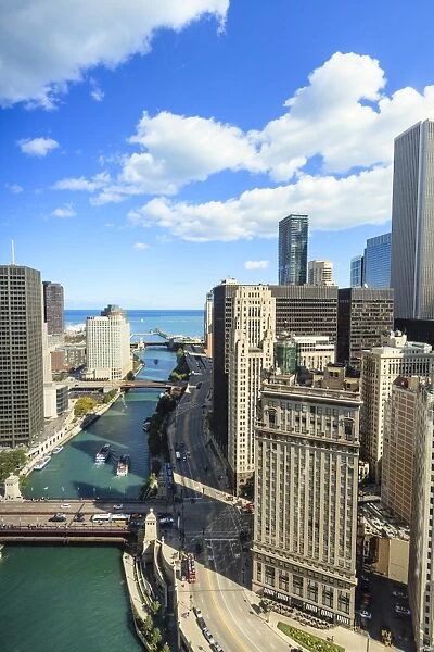High angle view of Chicago River and Lake Michigan, Chicago, Illinois, United States of America, North America