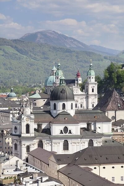 High angle view with Dom Cathedral, Kajetanerkirche Church and Kappuzinerkirche Church, Old Town, UNESCO World Heritage Site, Salzburg, Salzburger Land, Austria, Europe