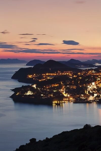 High angle view of Dubrovnik at sunset, UNESCO World Heritage Site, Dalmatia, Croatia, Europe